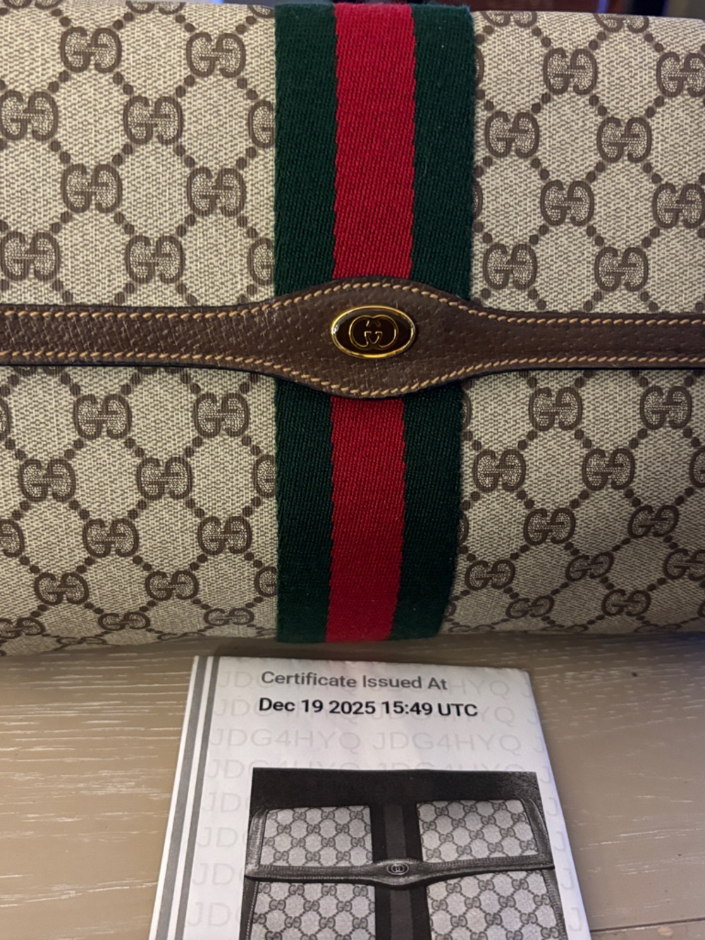 Gucci Beige GG Canvas Toiletry Bag with Green and Red Web